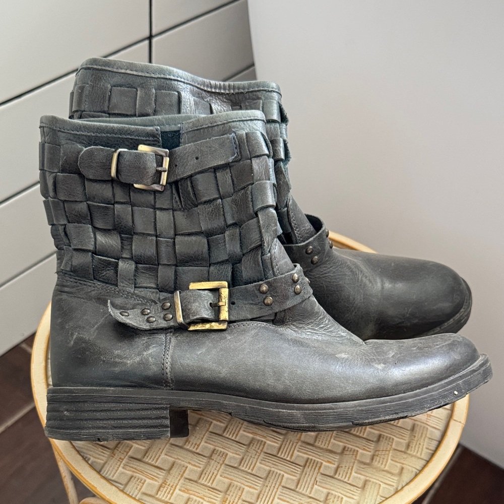 Miz Mooz Black Woven Leather Moto Boots